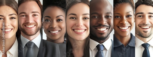 The smiling faces of a group of businessmen and businesswomen from different ethnicities