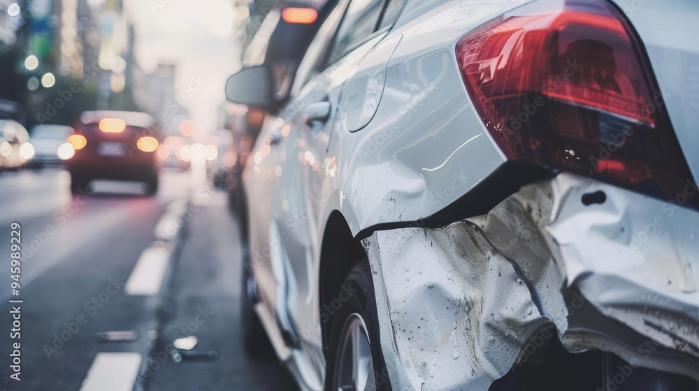 Close-up of car bumper with visible crash damage showing dented and scratched metal surface, highlighting accident impact and collision aftermath in urban environment Close-up of car bumper with visible crash damage showing dented and scratched metal surface, highlighting accident impact and collision aftermath in urban environment