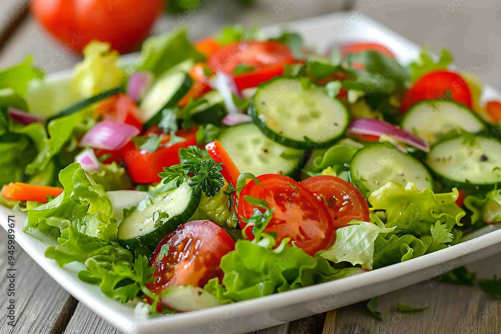 Fresh vegetable salad with cucumbers, tomatoes, and greens for a healthy and colorful meal Fresh vegetable salad with cucumbers, tomatoes, and greens for a healthy and colorful meal