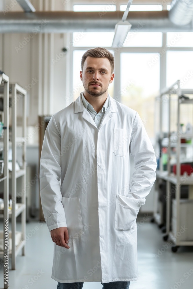 Confident scientist stands in modern lab with natural pouring in. Wears crisp white coat, black pants, hands on hips. Equipment, tools scattered around, indicating research experimentation.