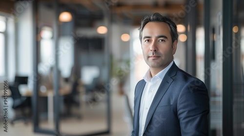 Professional portrait with soft natural light and blurred office background