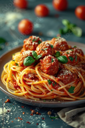 A close-up shot of a plate of spaghetti with meatballs, tomato sauce, and basil. The dish is garnished with grated Parmesan cheese and fresh parsley photo