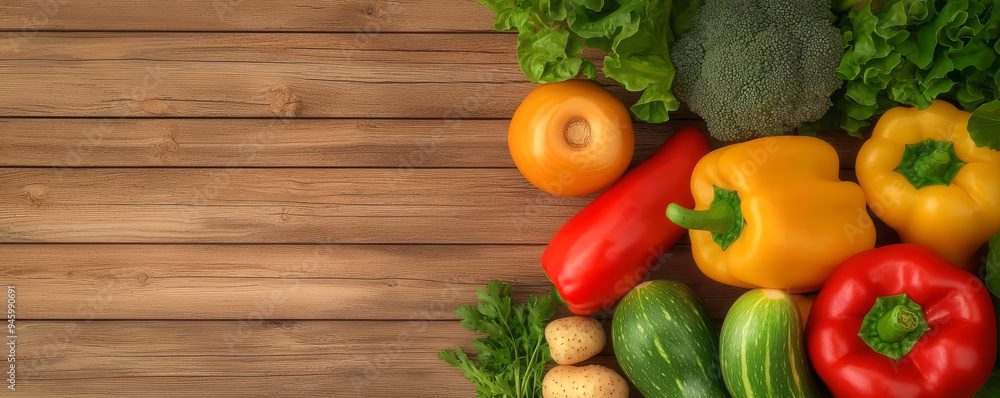 Fresh organic vegetables, assorted on wooden table, 3D illustration Fresh organic vegetables, assorted on wooden table, 3D illustration
