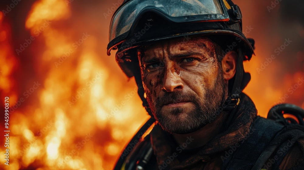 a tired fireman in his forties. a tired fireman in his forties.