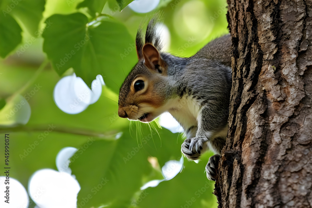 Obraz premium Curious Squirrel on Tree: A gray squirrel with bushy tail perches on a tree trunk, its inquisitive gaze fixed on something beyond the frame. The soft green leaves and bokeh effect create a serene back