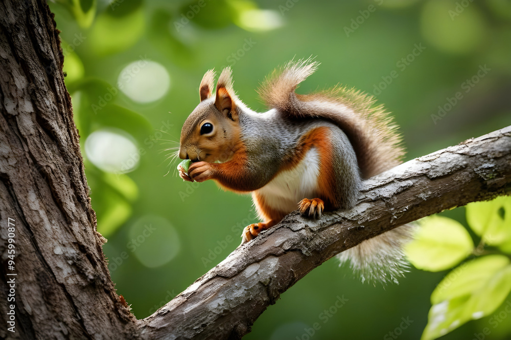 Squirrel Snacking on Tree Branch: A cute red squirrel sits on a tree branch and eats a nut, with a lush green background. The squirrel's fluffy tail and adorable expression are sure to bring a smile t Squirrel Snacking on Tree Branch: A cute red squirrel sits on a tree branch and eats a nut, with a lush green background. The squirrel's fluffy tail and adorable expression are sure to bring a smile t