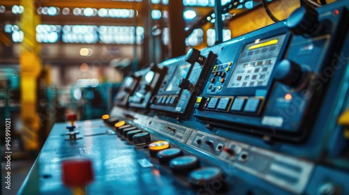 Control panel with digital displays and switches in a factory