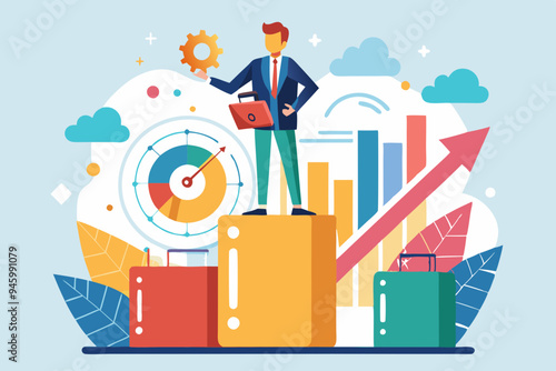 KPI, key performance indicator measurement to evaluate success or meet target, metric or data to review and improve business concept, businessman standing on top of KPI box measuring performance.
