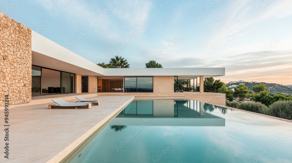 Fototapeta premium Mediterranean luxury villa with clean lines and elegant details. Premium Real Estate concept image.