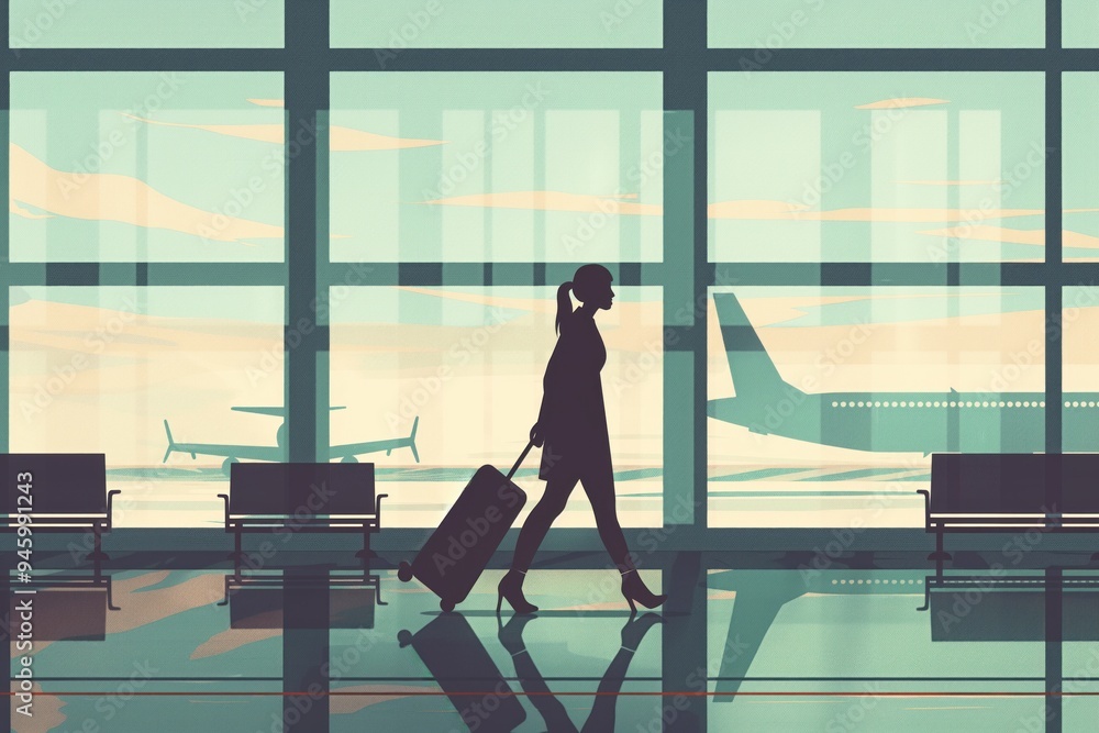 Woman in suit walking through airport terminal pulling suitcase. Businesswoman silhouette mid-stride. Airplanes visible through large windows in background. Woman in suit walking through airport terminal pulling suitcase. Businesswoman silhouette mid-stride. Airplanes visible through large windows in background.