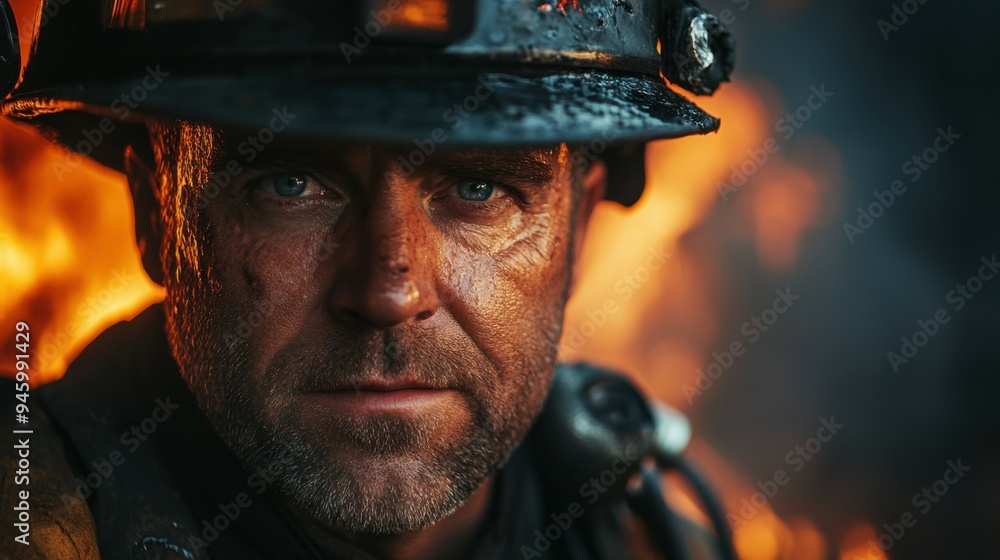 a tired fireman in his forties. a tired fireman in his forties.