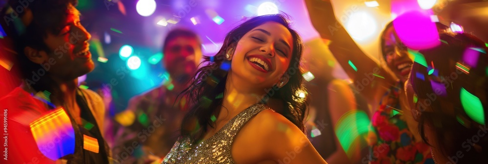 South Asian woman joyful dancing at nightclub dance floor surrounded by friends. Colorful lights create vibrant atmosphere. Woman natural expressions. Party scene on medium shot with dynamic movement. South Asian woman joyful dancing at nightclub dance floor surrounded by friends. Colorful lights create vibrant atmosphere. Woman natural expressions. Party scene on medium shot with dynamic movement.
