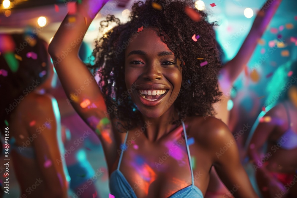 African American woman dances in blue bikini surrounded by colorful confetti at beach club party. Joyful scene features lively atmosphere and young people dancing together. African American woman dances in blue bikini surrounded by colorful confetti at beach club party. Joyful scene features lively atmosphere and young people dancing together.