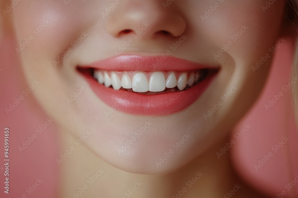 Obraz premium Close-up of a smiling woman's mouth against a blue background capturing her radiant expression and perfect teeth in bright daylight.