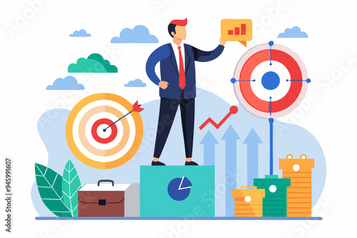 KPI, key performance indicator measurement to evaluate success or meet target, metric or data to review and improve business concept, businessman standing on top of KPI box measuring performance.
