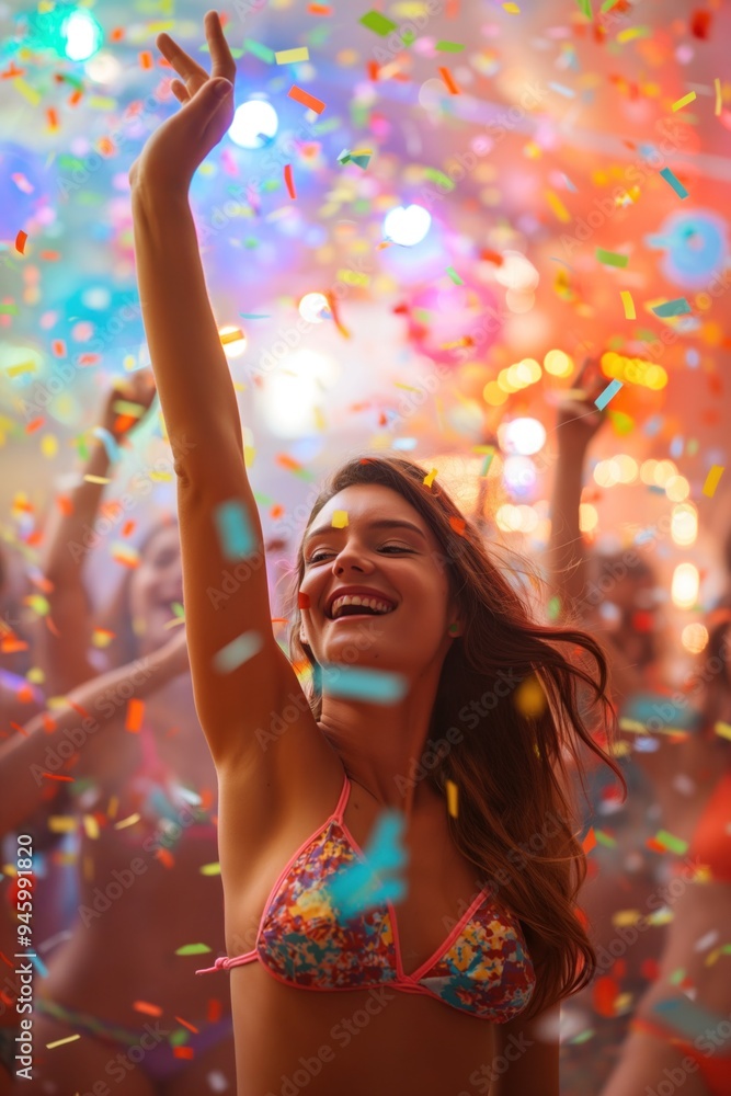 Obraz premium Joyful Caucasian woman dancing at beach club party. She wears pink bikini top and loose waves hair. Arms raised high above head, celebrating vibrant atmosphere with confetti and colorful lights.