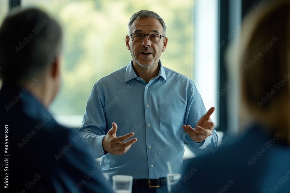 Senior executive stands confidently at conference table, speaking to two employees seated behind. Man wears blue shirt, black pants, gesturing as shares ideas, teaches new staff during meeting Senior executive stands confidently at conference table, speaking to two employees seated behind. Man wears blue shirt, black pants, gesturing as shares ideas, teaches new staff during meeting