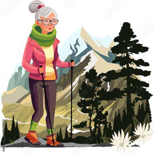 Active senior woman hiking in mountains with trekking poles. Happy elder people lifestyle concept