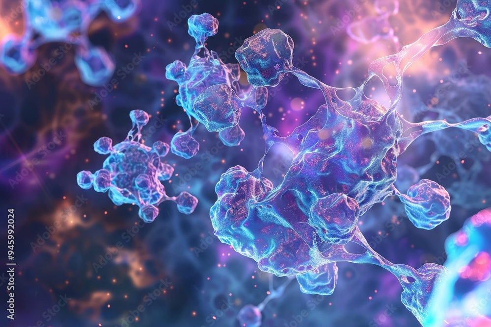 Abstract 3D Render of a Molecule Designed to Reduce Inflammation, Showing its Complex Structure and Molecular Bonds in a Colorful and Artistic Style Abstract 3D Render of a Molecule Designed to Reduce Inflammation, Showing its Complex Structure and Molecular Bonds in a Colorful and Artistic Style