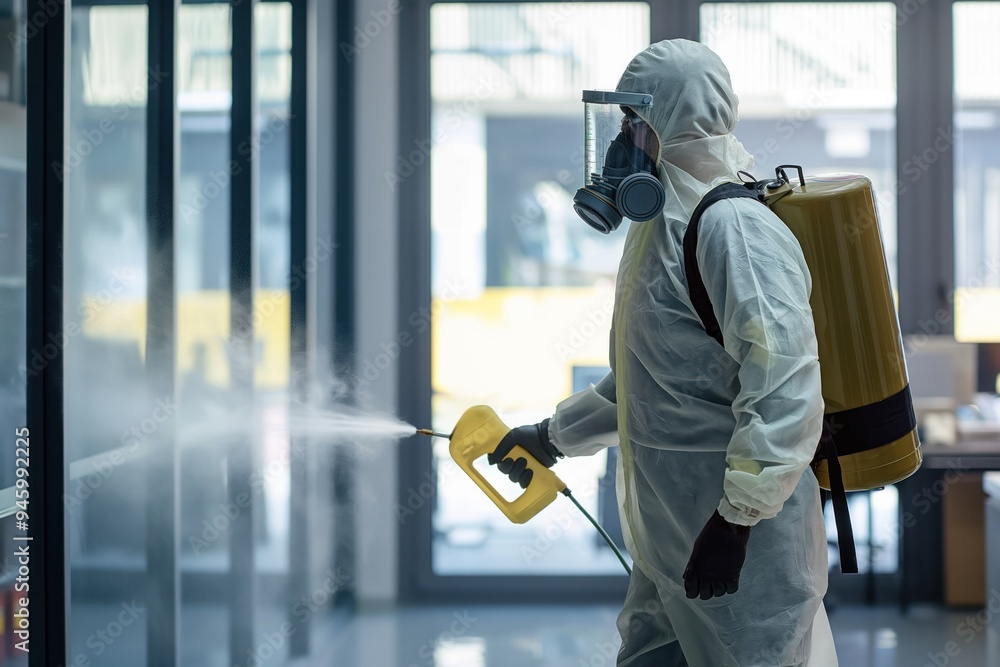 Fototapeta premium Man in white protective hazmat suit sprays yellow disinfectant solution from spray gun. Face mask covers nose and mouth while working in office space.