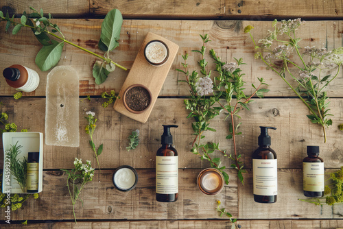 Organic skincare products arranged on medium-toned wood texture.