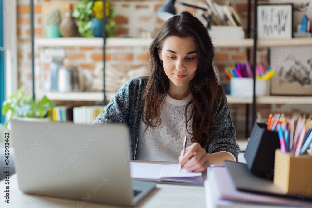 Young woman sits in office working on laptop. Business owner takes notes of online orders from customers. Entrepreneur prepares package for shipping in e-business setting. Young woman sits in office working on laptop. Business owner takes notes of online orders from customers. Entrepreneur prepares package for shipping in e-business setting.