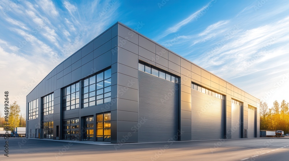 Modern Warehouse Exterior with Gray Steel Walls and Large Garage Doors - Photorealistic View at Golden Hour. AI generated illustration Modern Warehouse Exterior with Gray Steel Walls and Large Garage Doors - Photorealistic View at Golden Hour. AI generated illustration
