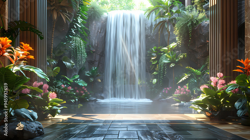 Luxurious waterfall garden inside the house,16K,photostock style