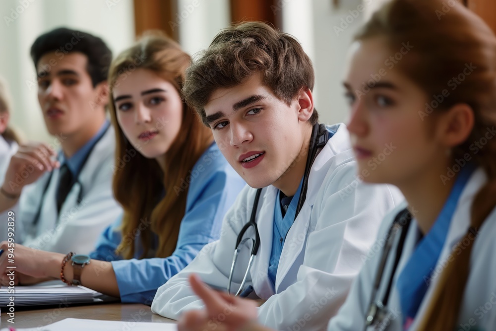 Group of young medical students sitting in a lecture hall, surrounded by computers and laptops. Female and male students are engaged, taking notes and listening to the professor. Group of young medical students sitting in a lecture hall, surrounded by computers and laptops. Female and male students are engaged, taking notes and listening to the professor.