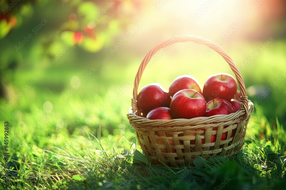 The sun glows brightly in the springtime, creating a warm atmosphere in the basket of apples lying on the grass. The sun glows brightly in the springtime, creating a warm atmosphere in the basket of apples lying on the grass.