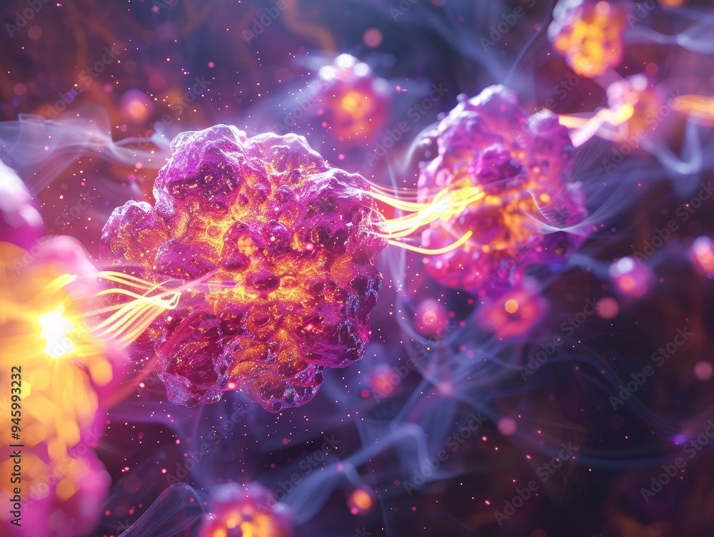 Abstract Illustration Depicting the Breakdown of an Atomic Nucleus, Featuring Vivid Colors and Detailed Particles, Representing Energy and Quantum Physics Abstract Illustration Depicting the Breakdown of an Atomic Nucleus, Featuring Vivid Colors and Detailed Particles, Representing Energy and Quantum Physics