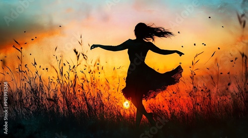 Silhouette of a woman dancing at sunset in a field of tall grass, evoking freedom, joy and connection with nature.