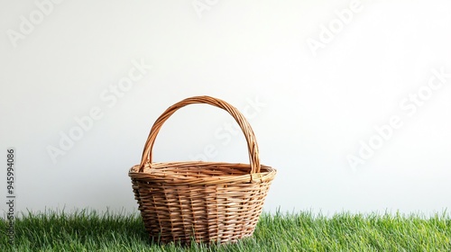 Empty Wicker Basket on Green Lawn Against White Background