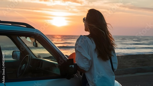 Fototapeta Naklejka Na Ścianę i Meble -  Cinematic Photo of a Woman by a Car, Watching a Sunset during a Summer Road Trip on an Italian Beach, Embracing Freedom and Adventure