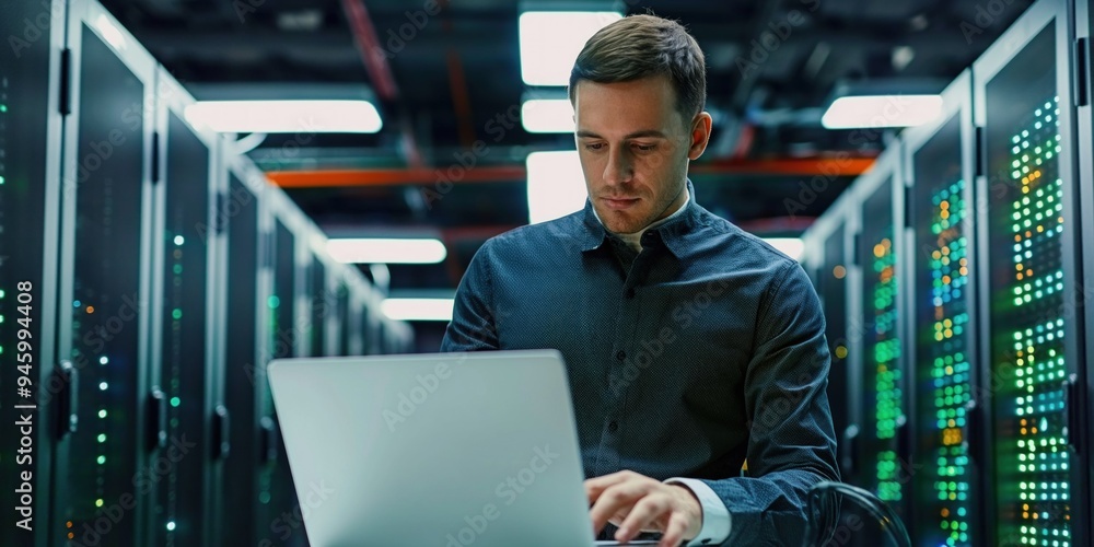 Man system administrator works in server room typing on laptop computer ...