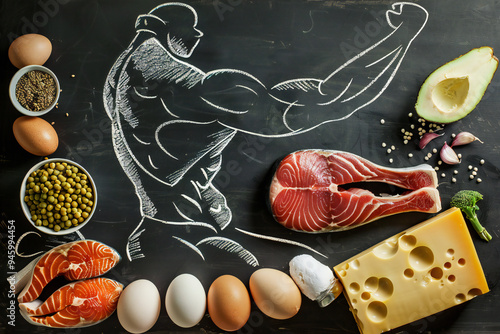 High-protein foods including salmon, eggs, and cheese arranged around a body silhouette for fitness nutrition