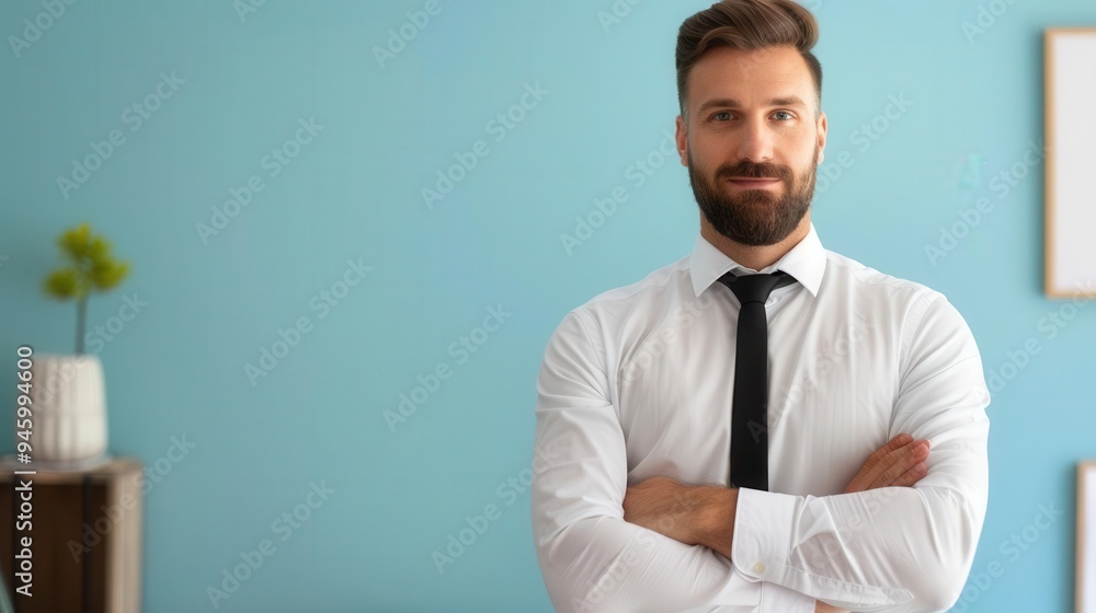 Confident businessman standing with folded arms in modern office, professional attire, blue background, green vase, framed artwork, beard. Confident businessman standing with folded arms in modern office, professional attire, blue background, green vase, framed artwork, beard.