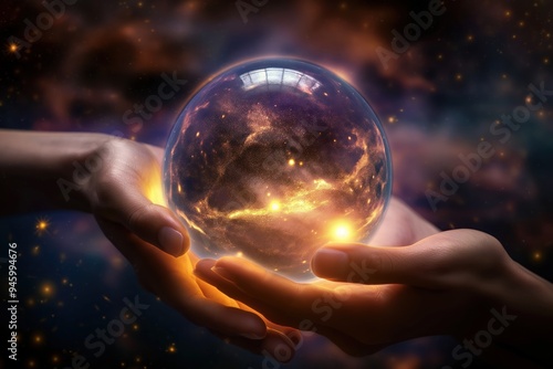 Hands cradle a glowing sphere of light in space. Mystical energy emanates from the orb, illuminating the surrounding darkness. Fortune telling ball glows intensely, radiating an otherworldly aura. photo