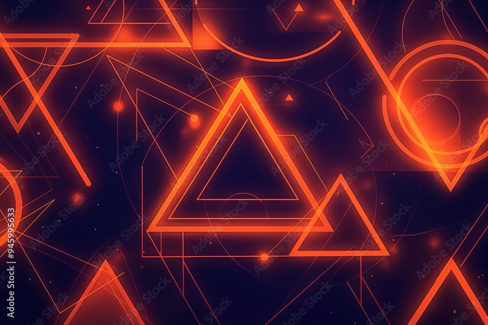 Neon orange geometric shapes glow in vibrant dynamic pattern against dark background. Triangles, circles create futuristic, modern design with bright light energy. Neon orange geometric shapes glow in vibrant dynamic pattern against dark background. Triangles, circles create futuristic, modern design with bright light energy.