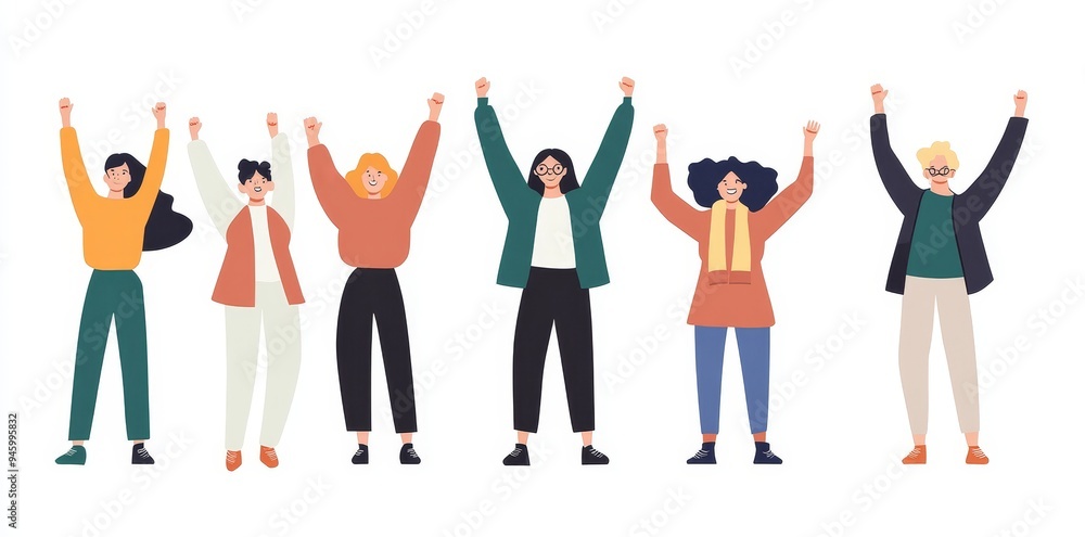 Simple one-line drawing of cheering people with white background and blue lines Simple one-line drawing of cheering people with white background and blue lines