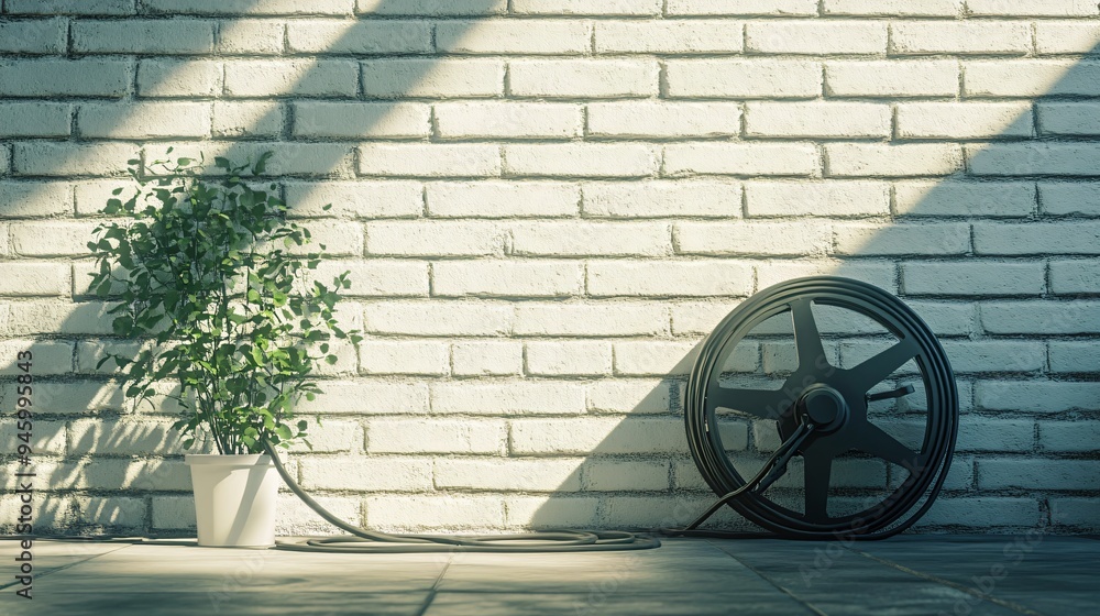 Professional Extension Cord Reel on Floor Near White Brick Wall Professional Extension Cord Reel on Floor Near White Brick Wall
