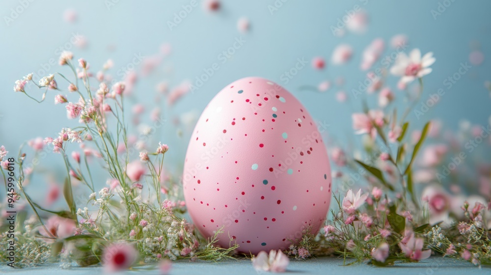 A pastel pink Easter egg nestled among delicate flowers on a soft pastel blue background, celebrating the beauty of spring and festive traditions. A pastel pink Easter egg nestled among delicate flowers on a soft pastel blue background, celebrating the beauty of spring and festive traditions.