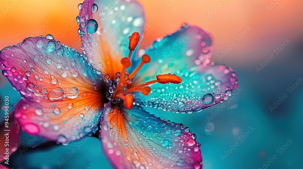 Fototapeta premium A macro shot of a flower with dewdrops on its petals and a pastel-colored bloom in the backdrop