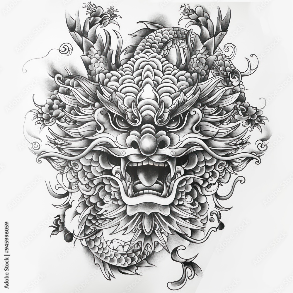 Black, white drawing of majestic Japanese dragon mask isolated on white background. Ornamental design in traditional Japanese style features intricate patterns, curved lines, symmetrical composition. Black, white drawing of majestic Japanese dragon mask isolated on white background. Ornamental design in traditional Japanese style features intricate patterns, curved lines, symmetrical composition.