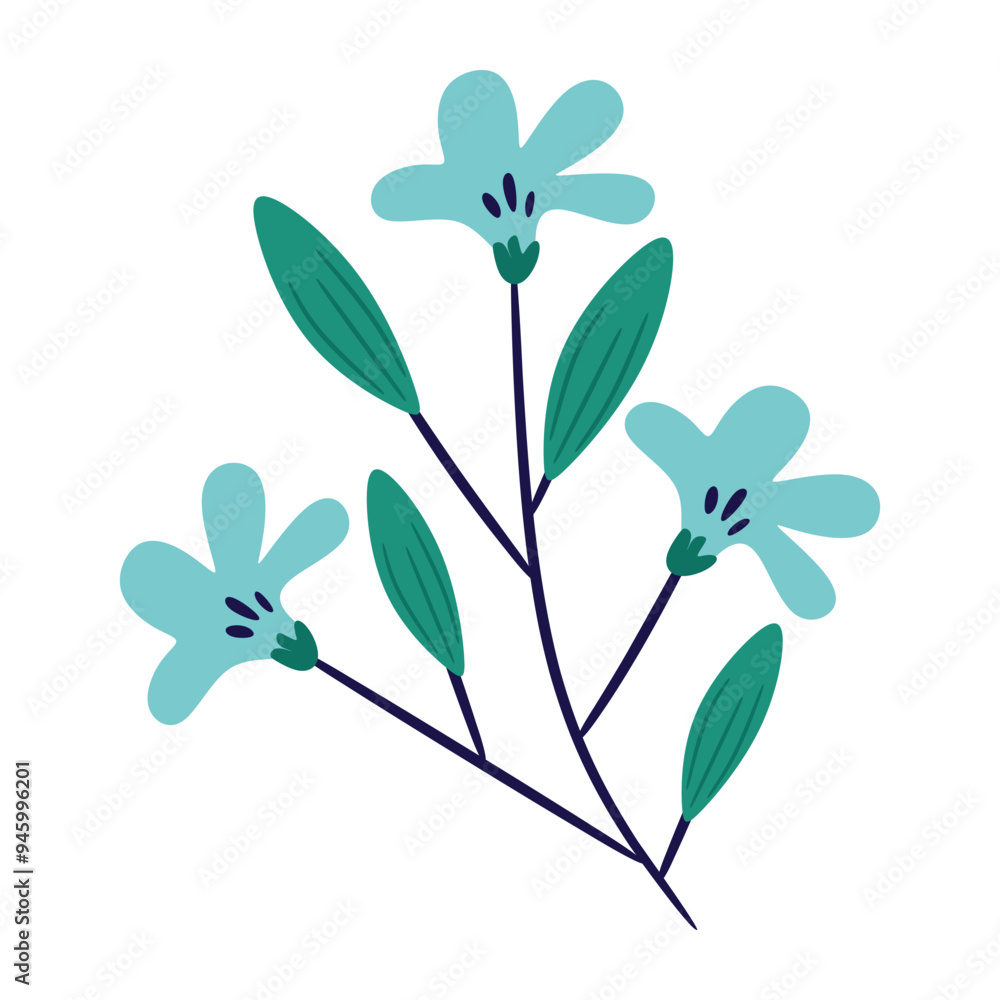 A trio of delicate, blue flowers with pointed petals and dark centers, gracefully arranged on a slender stem with elongated, green leaves. A trio of delicate, blue flowers with pointed petals and dark centers, gracefully arranged on a slender stem with elongated, green leaves.