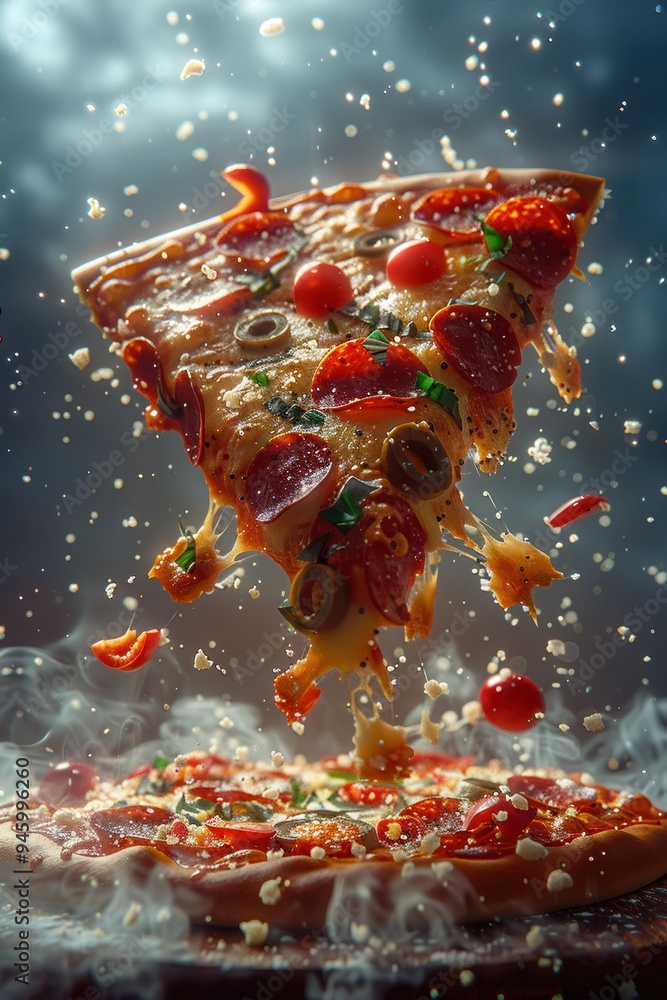A close-up shot of a pizza slice with melted cheese and toppings flying through the air, with steam and a few toppings falling from it A close-up shot of a pizza slice with melted cheese and toppings flying through the air, with steam and a few toppings falling from it