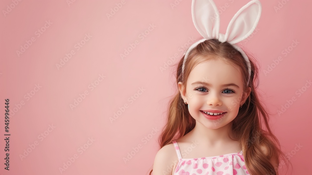 Cheerful young girl smiles warmly on soft pink background with bunny ears. Playful festive atmosphere on Easter season. Happy child portrait, cute dress up, little person face. Cheerful young girl smiles warmly on soft pink background with bunny ears. Playful festive atmosphere on Easter season. Happy child portrait, cute dress up, little person face.
