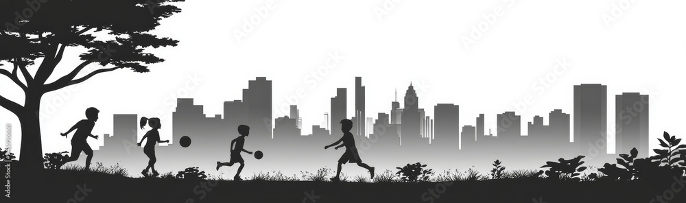 A silhouette of a man doing sports or working out, another woman carrying her baby on her back, and a family playing and walking in the park A silhouette of a man doing sports or working out, another woman carrying her baby on her back, and a family playing and walking in the park