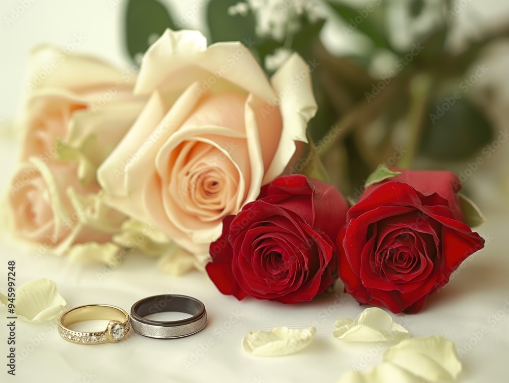 Close-up of woman hand holding single white rose, gold ring. Ring simple, elegant, love, commitment. Rose beautiful representation of romance, beauty. Background soft, white color, adding to Close-up of woman hand holding single white rose, gold ring. Ring simple, elegant, love, commitment. Rose beautiful representation of romance, beauty. Background soft, white color, adding to