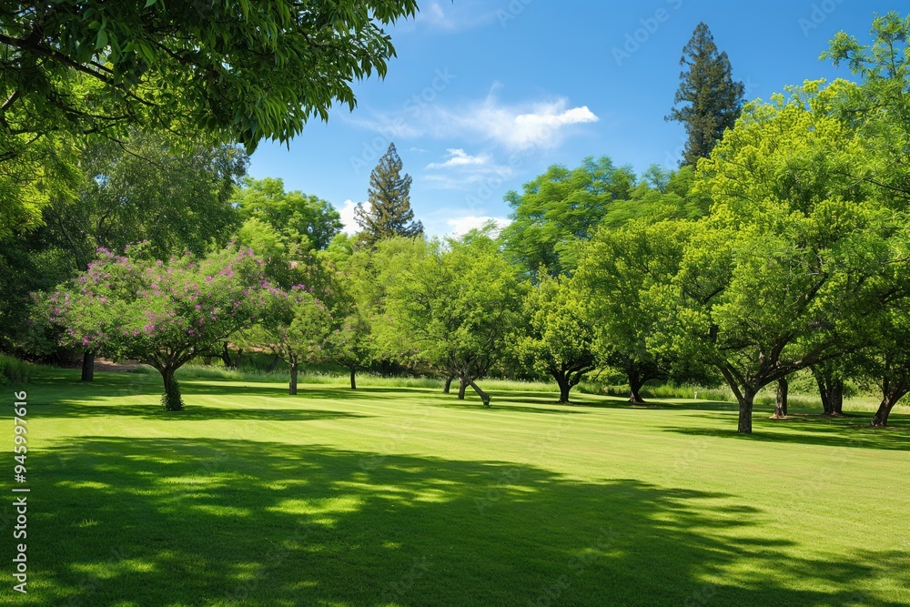Obraz premium Beautiful green lawn with trees, bushes on bright summer day. House with brick architecture, windows in background. Path leading to chair under shaded area. Sun shining through foliage. Peaceful